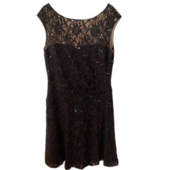 LAUREN RALPH LAUREN 14 CLASSIC BLACK FIT AND FLARE SLEEVELESS LACE SEQUIN DRESS - Picture 1 of 6